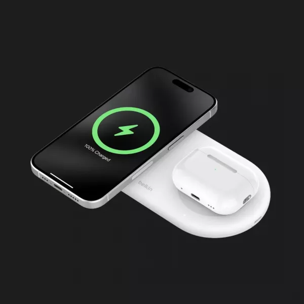 Безпровідна зарядка Belkin 2в1 15 Вт Pad Qi2 (White)