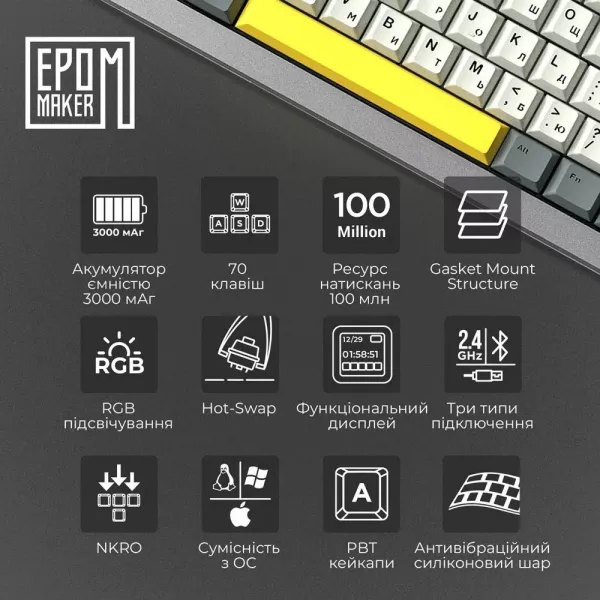 Клавіатура механічна бездротова Epomaker Shadow-X Flamingo (SHX-B-F) (Silver) (UA)