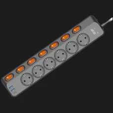 Мережевий фільтр 2E 6xТипF, 16A, 2xUSB-A, 1x USB-C, 3m (Black)